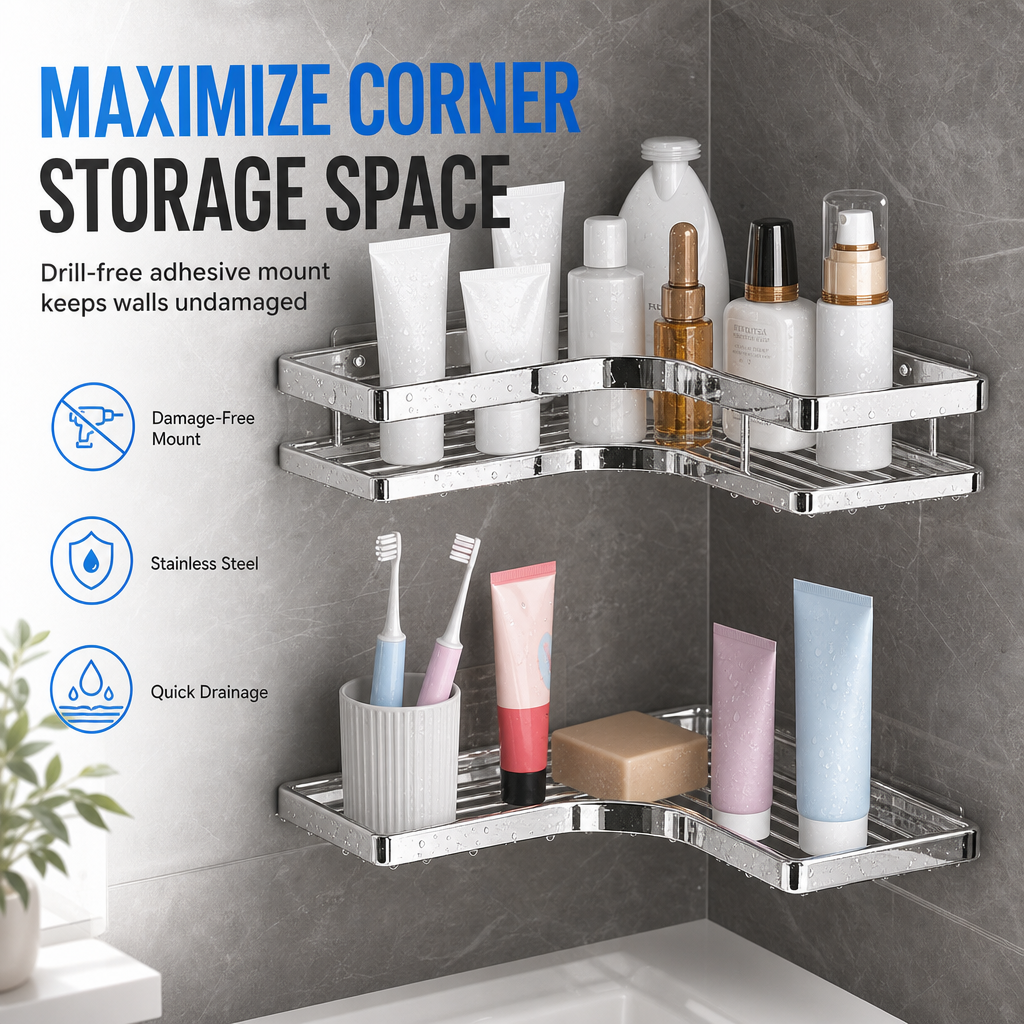 🥳2026 HOT SALE🥳💞50K+ SOLD! 🚿🧴 50% OFF! No-Drill Bathroom Corner Shelf – 8mm thickened flat bar, rustproof stainless steel, strong adhesive. Maximizes corner storage without wall damage! 🛡️✅