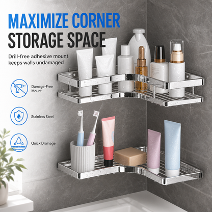 🥳2026 HOT SALE🥳💞50K+ SOLD! 🚿🧴 50% OFF! No-Drill Bathroom Corner Shelf – 8mm thickened flat bar, rustproof stainless steel, strong adhesive. Maximizes corner storage without wall damage! 🛡️✅