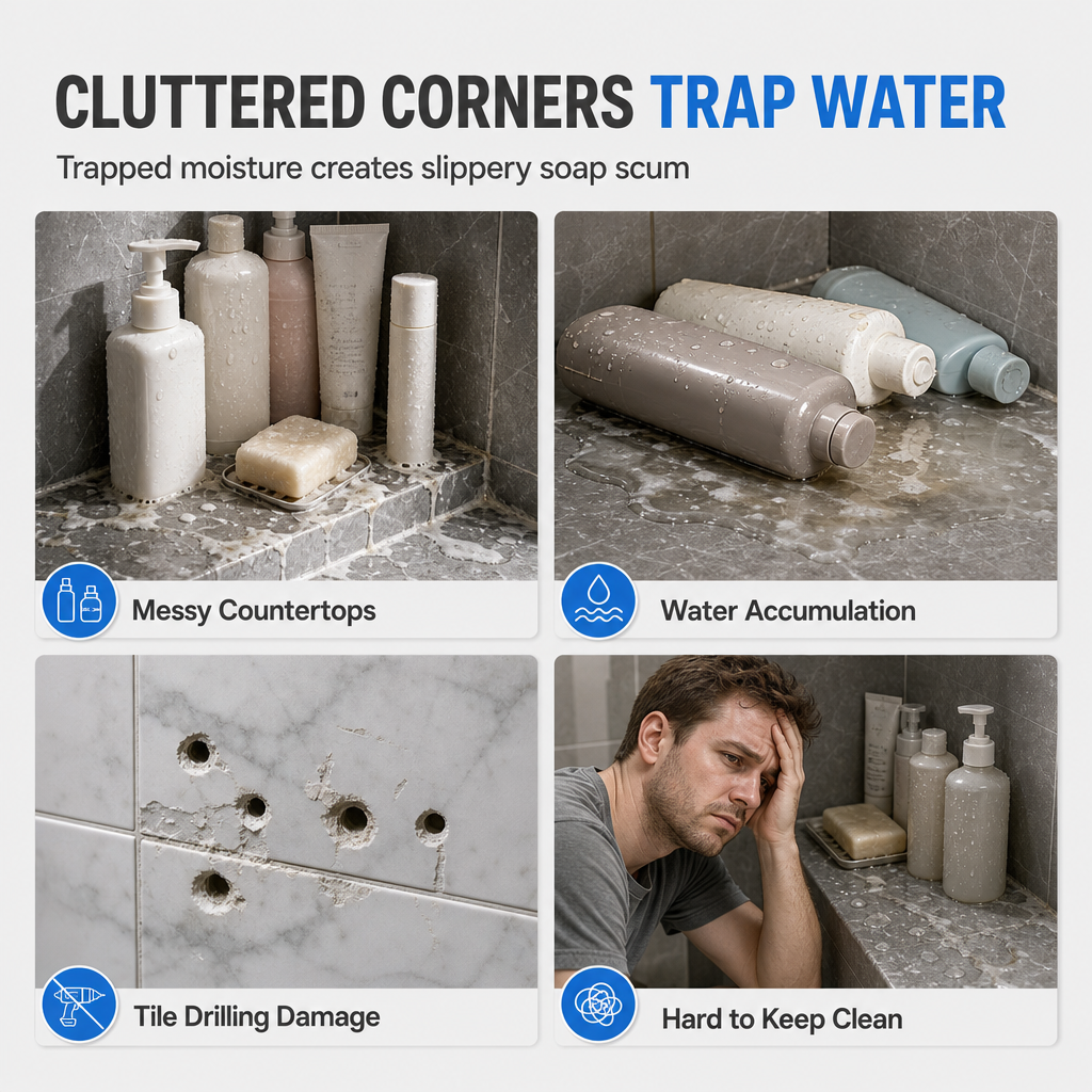 🥳2026 HOT SALE🥳💞50K+ SOLD! 🚿🧴 50% OFF! No-Drill Bathroom Corner Shelf – 8mm thickened flat bar, rustproof stainless steel, strong adhesive. Maximizes corner storage without wall damage! 🛡️✅