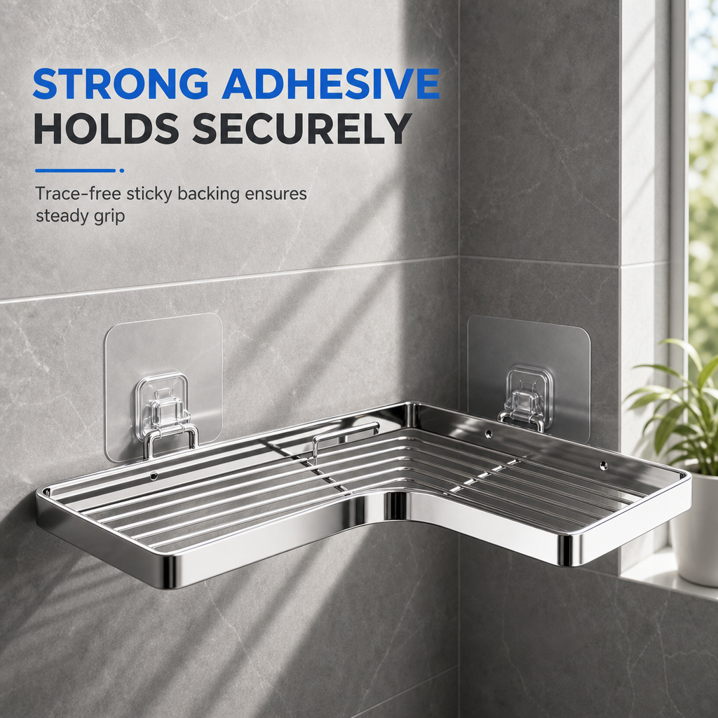 🥳2026 HOT SALE🥳💞50K+ SOLD! 🚿🧴 50% OFF! No-Drill Bathroom Corner Shelf – 8mm thickened flat bar, rustproof stainless steel, strong adhesive. Maximizes corner storage without wall damage! 🛡️✅