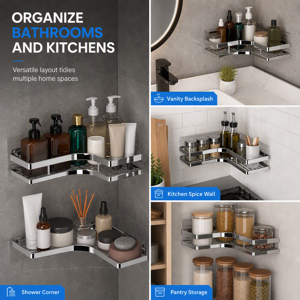 🥳2026 HOT SALE🥳💞50K+ SOLD! 🚿🧴 50% OFF! No-Drill Bathroom Corner Shelf – 8mm thickened flat bar, rustproof stainless steel, strong adhesive. Maximizes corner storage without wall damage! 🛡️✅