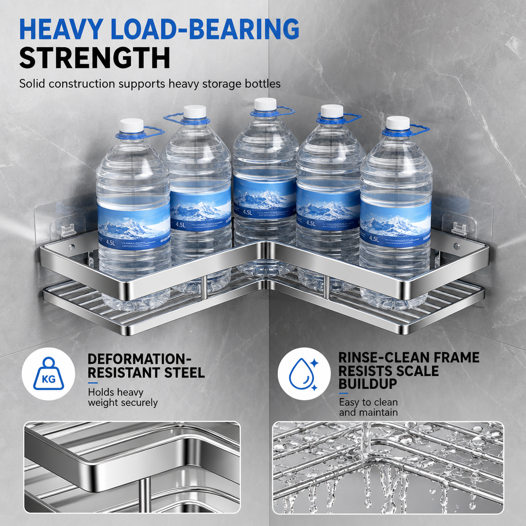 🥳2026 HOT SALE🥳💞50K+ SOLD! 🚿🧴 50% OFF! No-Drill Bathroom Corner Shelf – 8mm thickened flat bar, rustproof stainless steel, strong adhesive. Maximizes corner storage without wall damage! 🛡️✅