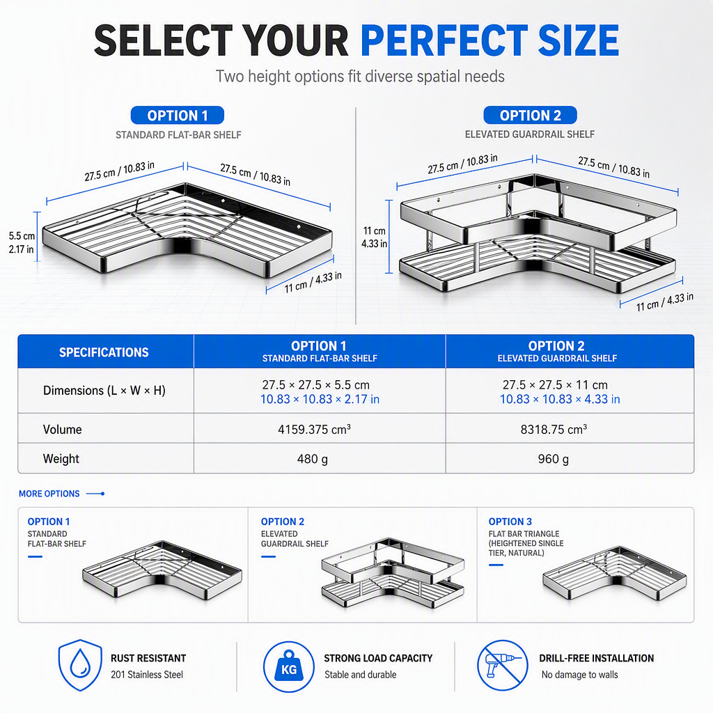 🥳2026 HOT SALE🥳💞50K+ SOLD! 🚿🧴 50% OFF! No-Drill Bathroom Corner Shelf – 8mm thickened flat bar, rustproof stainless steel, strong adhesive. Maximizes corner storage without wall damage! 🛡️✅