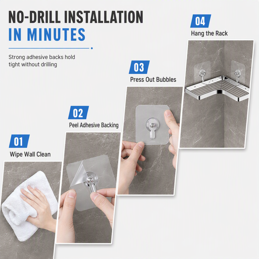 🥳2026 HOT SALE🥳💞50K+ SOLD! 🚿🧴 50% OFF! No-Drill Bathroom Corner Shelf – 8mm thickened flat bar, rustproof stainless steel, strong adhesive. Maximizes corner storage without wall damage! 🛡️✅
