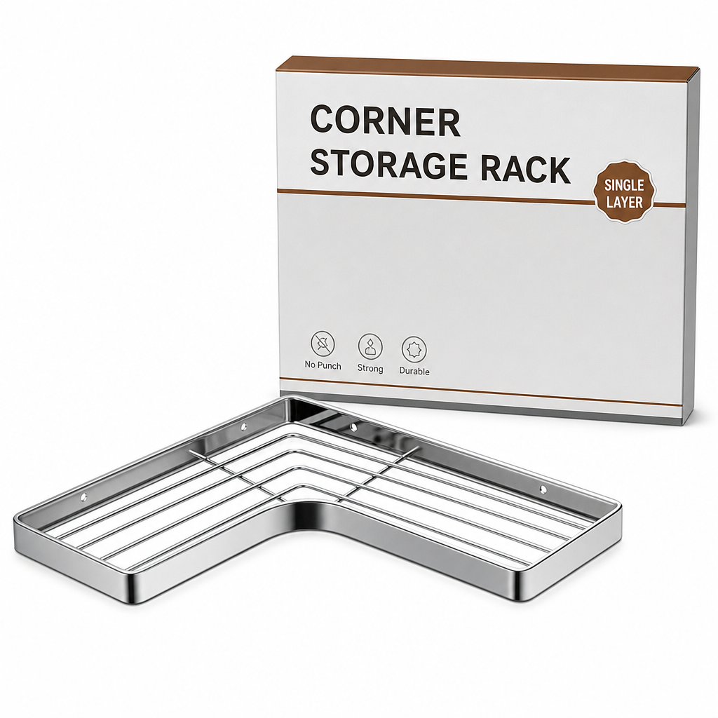 🥳2026 HOT SALE🥳💞50K+ SOLD! 🚿🧴 50% OFF! No-Drill Bathroom Corner Shelf – 8mm thickened flat bar, rustproof stainless steel, strong adhesive. Maximizes corner storage without wall damage! 🛡️✅