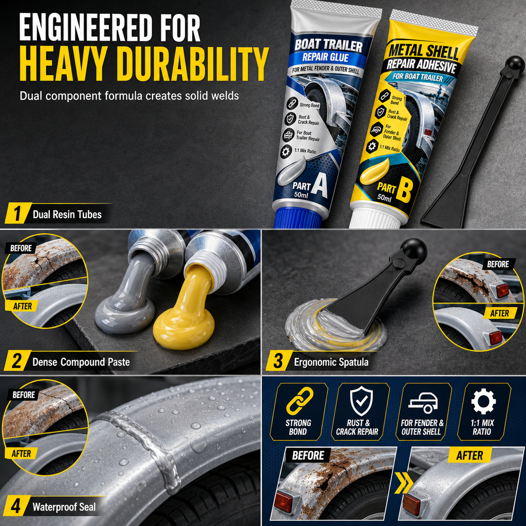 🥳2026 HOT SALE🥳💞50K+ SOLD! 🔧⛵ 50% OFF! Boat Trailer Metal Repair Glue – two-component AB adhesive, mixes easily & bonds metal mudguards firmly. Vibration-proof, waterproof, heavy-duty repair! 🛡️💪