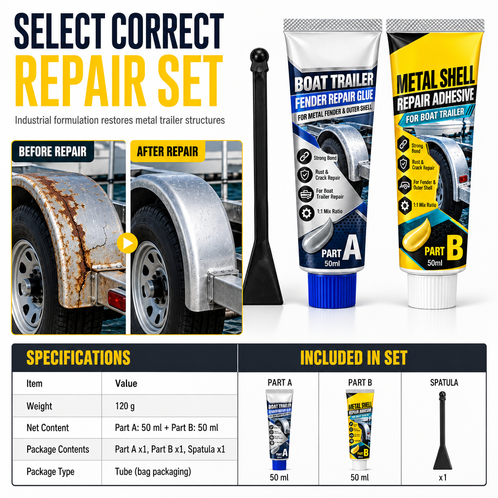 🥳2026 HOT SALE🥳💞50K+ SOLD! 🔧⛵ 50% OFF! Boat Trailer Metal Repair Glue – two-component AB adhesive, mixes easily & bonds metal mudguards firmly. Vibration-proof, waterproof, heavy-duty repair! 🛡️💪