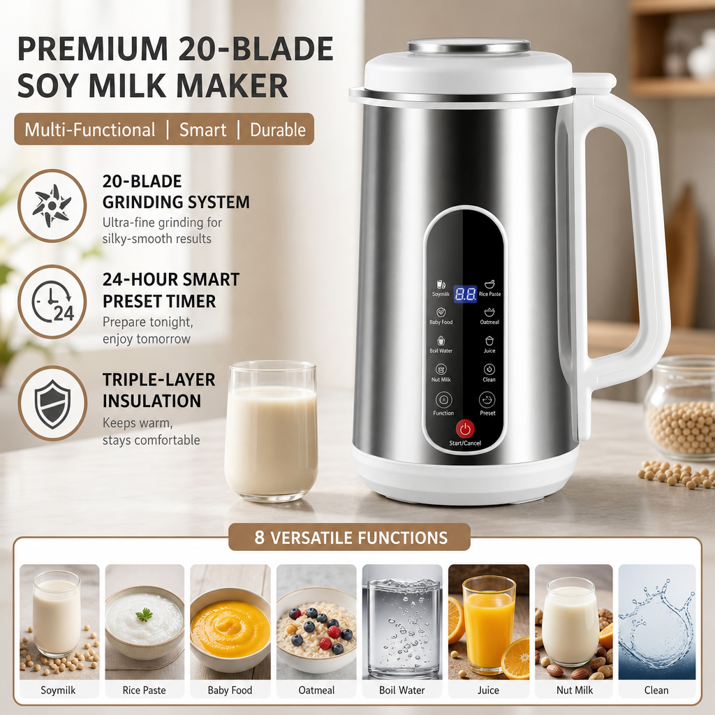 🥳2026 HOT SALE🥳💞50K+ SOLD! 🥛⚙️ 50% OFF! 304 Stainless Steel Soy Milk Maker & Blender – filter-free ultra-fine grinding, smart overnight preset, multi-layer thermal guard. Hot soy milk, porridge & baby food! 🛡️✅