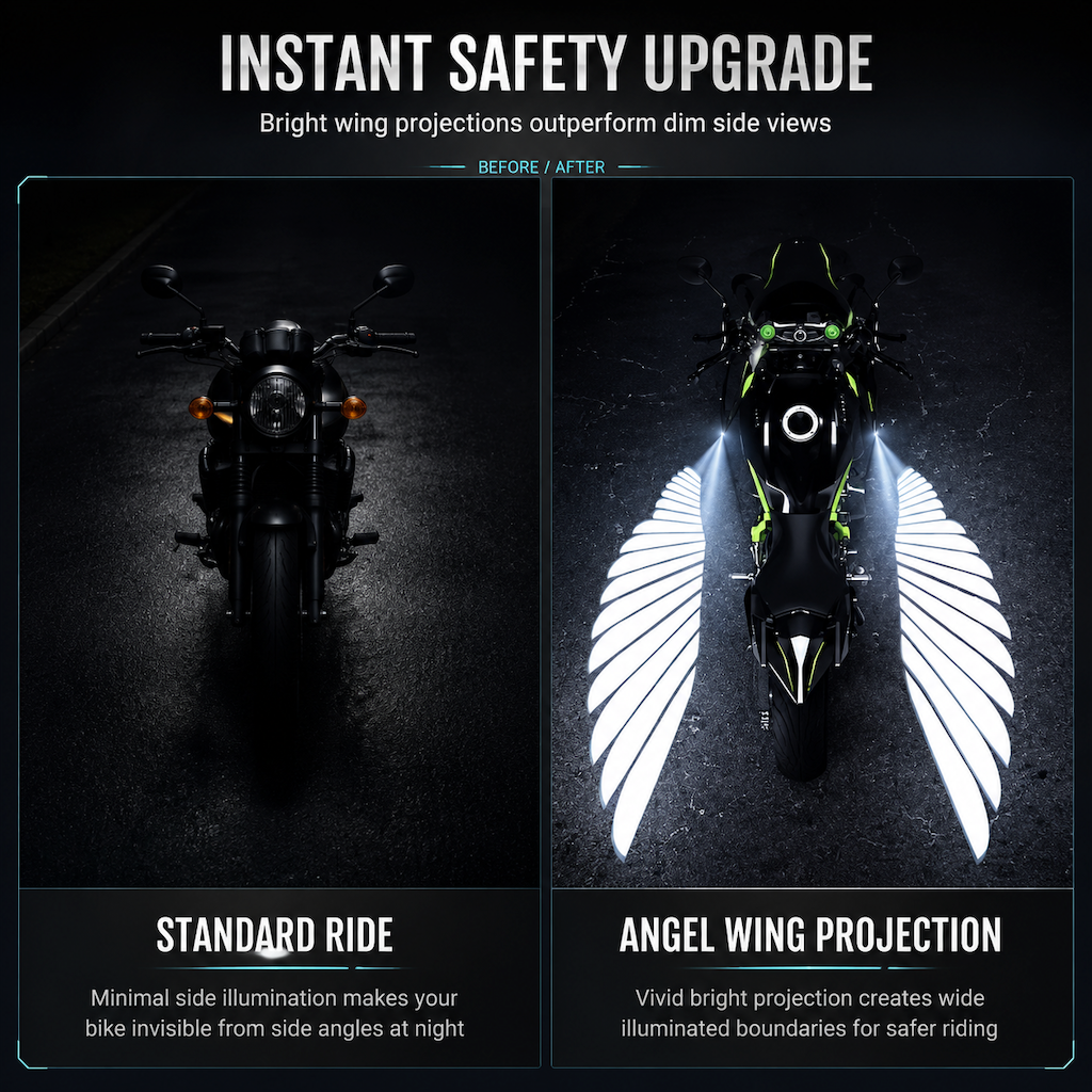 🥳2026 HOT SALE🥳💞50K+ SOLD! 🏍️✨ 50% OFF! Motorcycle LED Angel Wings Projection Lights – ultra-clear ground glow, wide safety warning area. Ride safer at night! 🛡️💪