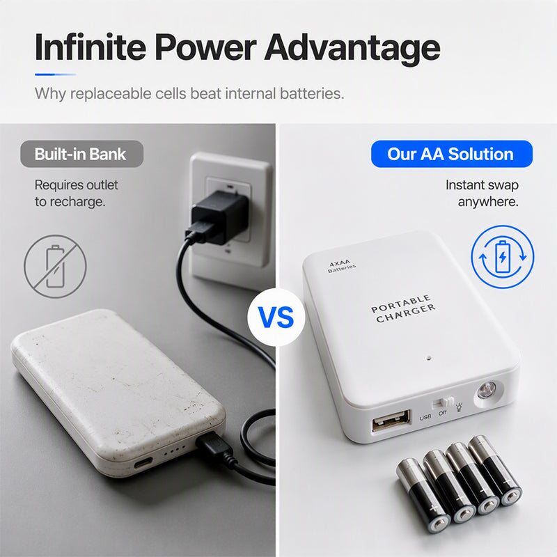 🥳2026 HOT SALE🥳💞50K+ SOLD! 🔋📱 50% OFF! AA-Battery Emergency Power Bank – powered by 4 standard AA batteries, pocket-sized & simple slide-switch control. Stay connected in any emergency! 🛡️✅