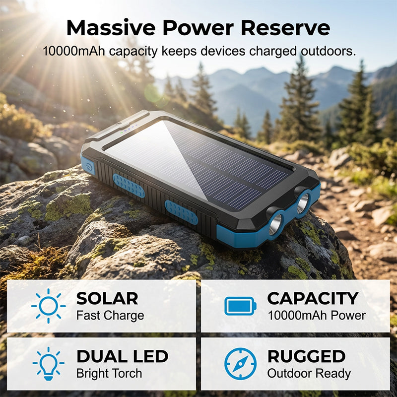 🥳2026 HOT SALE🥳💞50K+ SOLD! ⛺🔋 50% OFF! Solar Power Bank – 10000mAh, dual LED flashlights & built-in compass. Never lose power or direction on outdoor adventures! 🛡️✅