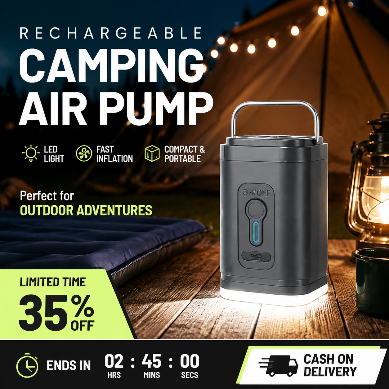 🥳2026 HOT SALE🥳💞50K+ SOLD!🏕️🔋 50% OFF! Rechargeable Camping Air Pump – Fast inflate/deflate, LED light, 5 nozzles. Compact & lightweight. Set up camp in minutes! 💨✨