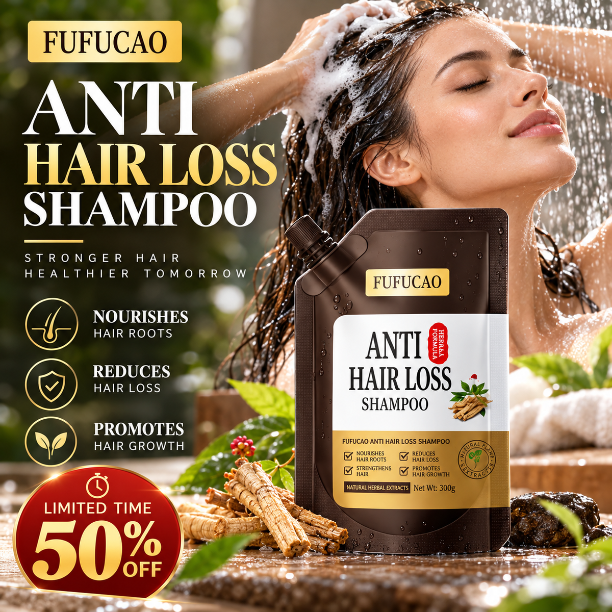 🥳2026 HOT SALE🥳💞50K+ SOLD! 🌿✨ 50% OFF! FUFUCAO Anti-Hair Loss Shampoo – natural herbal extracts nourish roots, reduce thinning & promote thicker growth. 300g! 💪💚