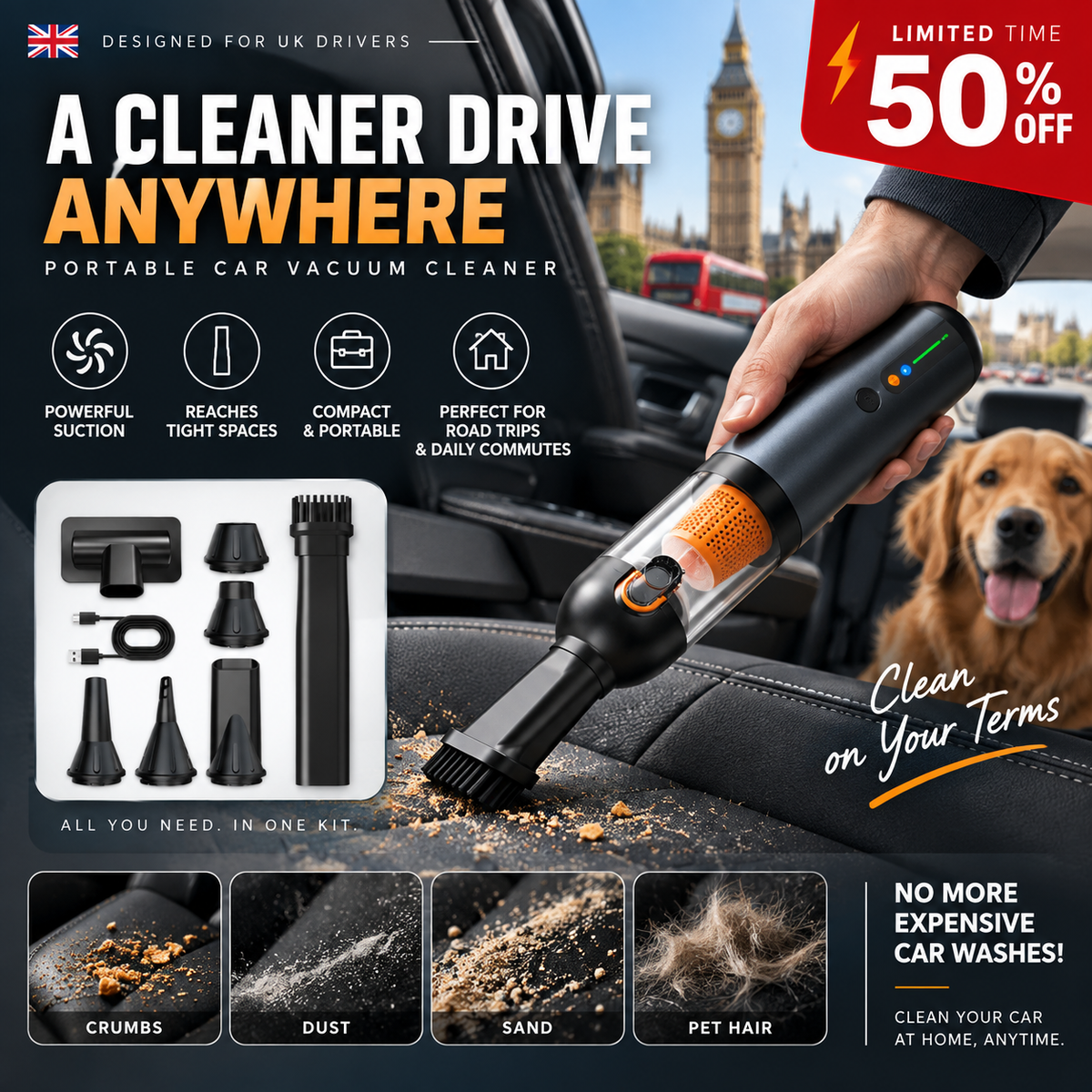 🥳2026 HOT SALE🥳💞50K+ SOLD! 🚗💨 50% OFF! Portable Handheld Car Vacuum – 120W cordless, 20000Pa suction, 2-in-1 vacuum & blower. Lightweight 470g, quiet 50dB. Deep clean cars & home! 🛡️✅
