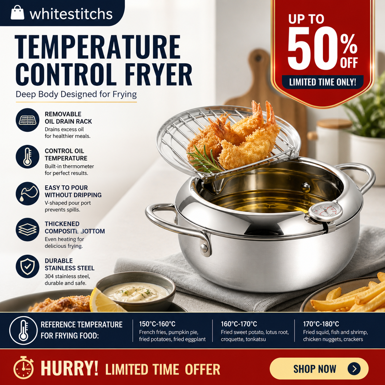🥳2026 HOT SALE🥳💞50K+ SOLD! 🍤🔥 50% OFF! 201 Stainless Steel Tempura Fryer – Thermometer for precise oil control, removable drain rack reduces fat. Deep body, even heating – perfect crispy results every time! 🍟✨