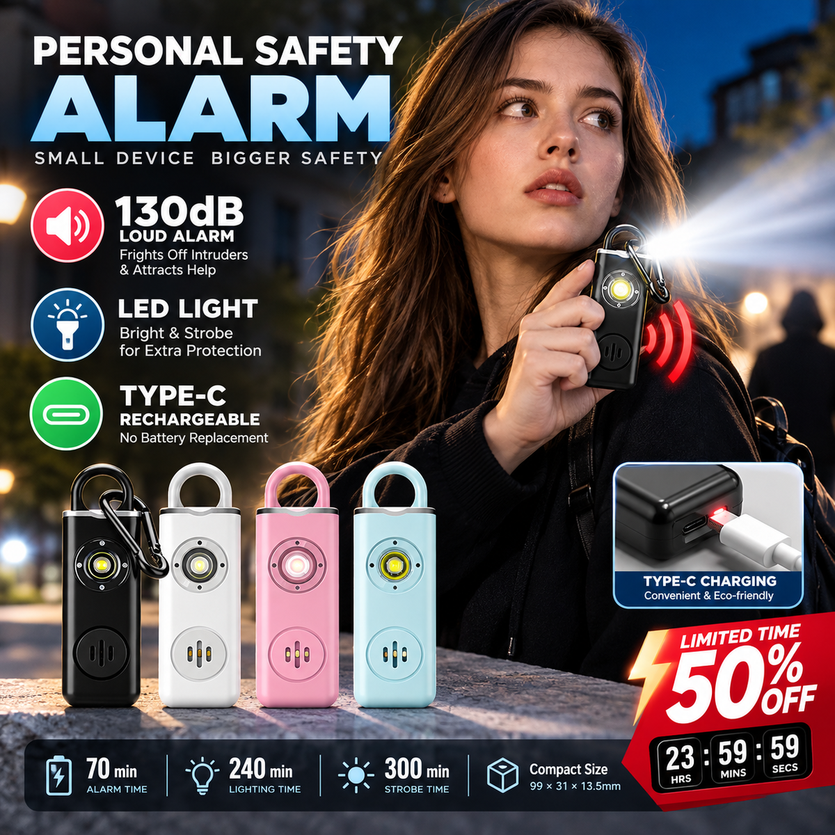 🥳2026 HOT SALE🥳💞50K+ SOLD! 🚨🛡️ 50% OFF! Personal Safety Alarm for Women – 130dB loud SOS, Type-C rechargeable, LED flashlight & strobe. Compact protection for women, elderly & children! 🔋✅