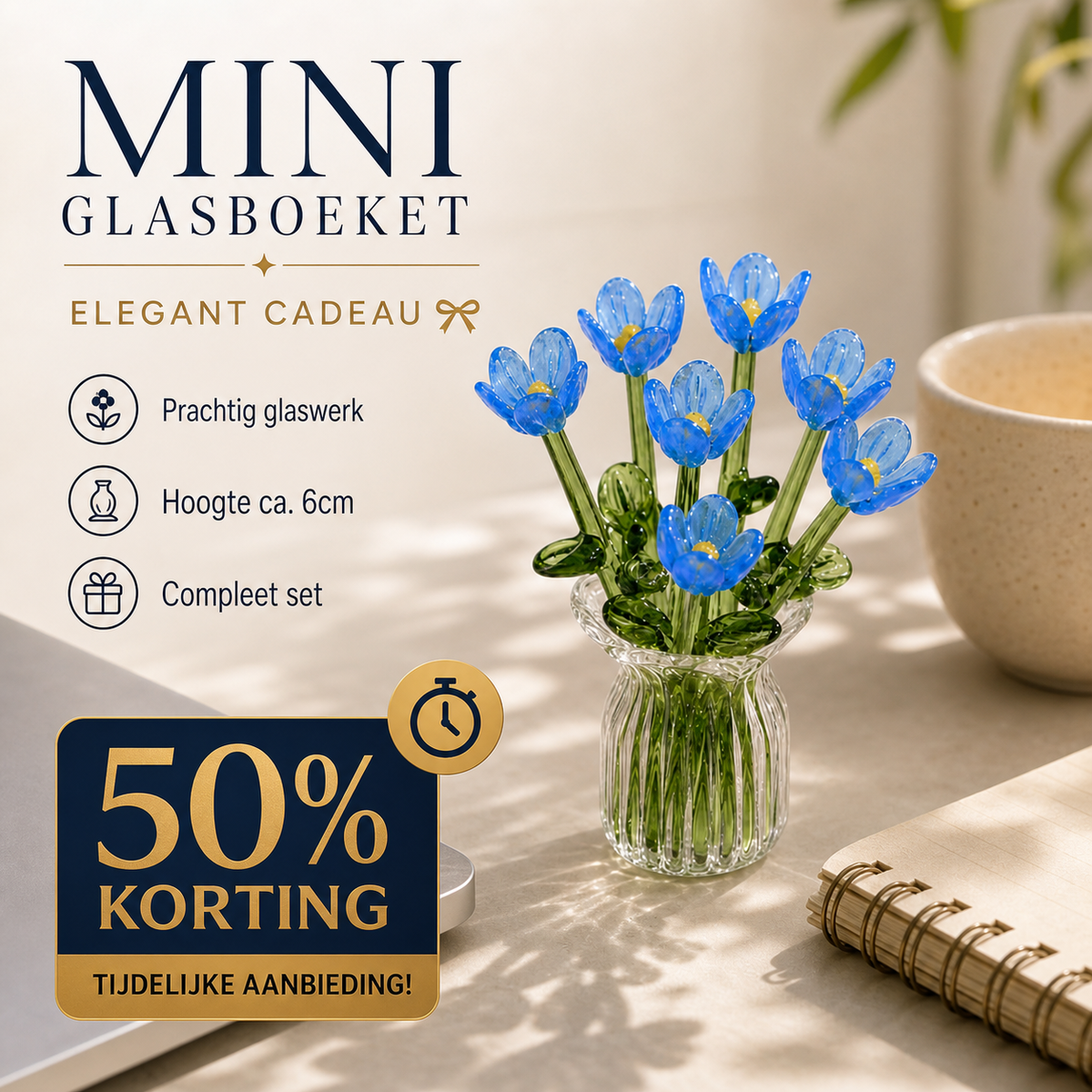 🥳2026 HOT SALE🥳💞50K+ SOLD! 🎁✨ 50% OFF! Mini Glass Bouquet – 6cm tall, 7 glass flowers + vase, never withers. Elegant gift for home & office! 🏠💚