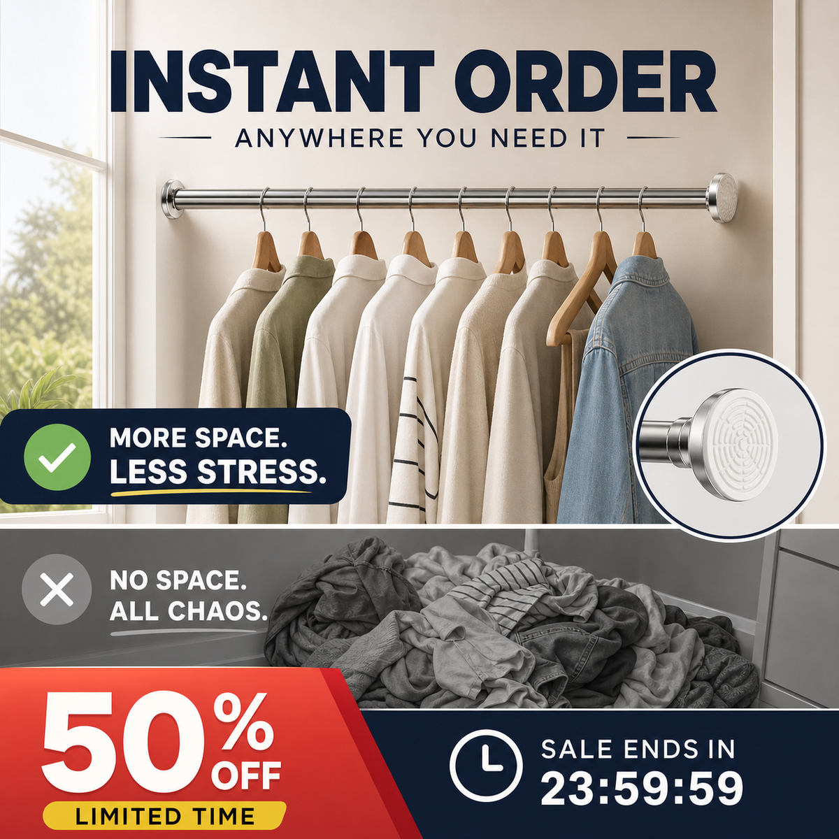 🥳2026 HOT SALE🥳💞50K+ SOLD! 🛁🔧 Adjustable Tension Rod – no drills, no screws, no wall damage! Strong internal spring holds up to 15KG. Fits 70-292cm – perfect for showers, curtains & windows! 🏠✅