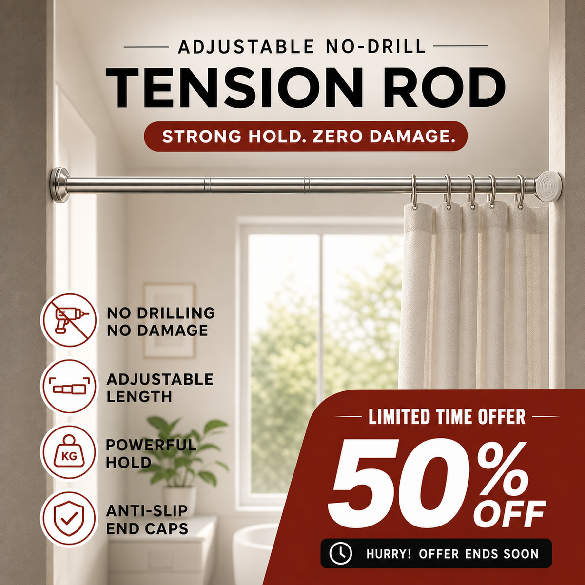🥳2026 HOT SALE🥳💞50K+ SOLD! 🛁🔧 Adjustable Tension Rod – no drills, no screws, no wall damage! Strong internal spring holds up to 15KG. Fits 70-292cm – perfect for showers, curtains & windows! 🏠✅