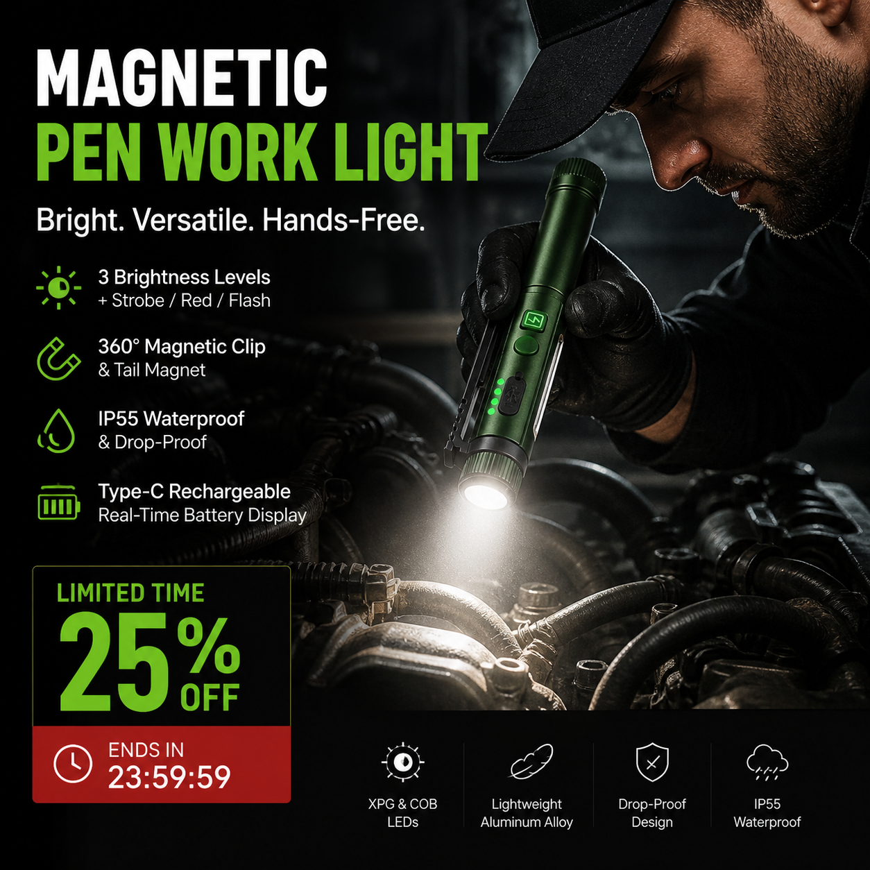 🥳2026 HOT SALE🥳💞50K+ SOLD!🔋🧰 50% OFF! Portable LED Work Torch – Type‑C rechargeable or AA battery, 600LM. Drop‑proof aluminium, IP55 – a must‑have for every toolbox! 🌈✅