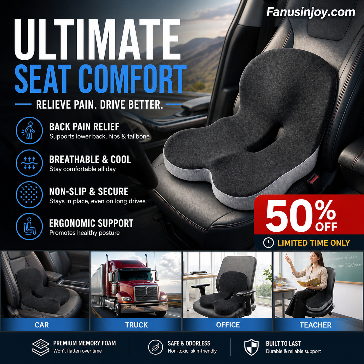 🥳2026 HOT SALE🥳💞50K+ SOLD! 🚗💺 50% OFF! Memory Foam Car Seat Cushion – orthopedic relief for tailbone & sciatica, breathable 3D mesh, anti-slip base. For cars, office & gaming chairs! 🛡️✅