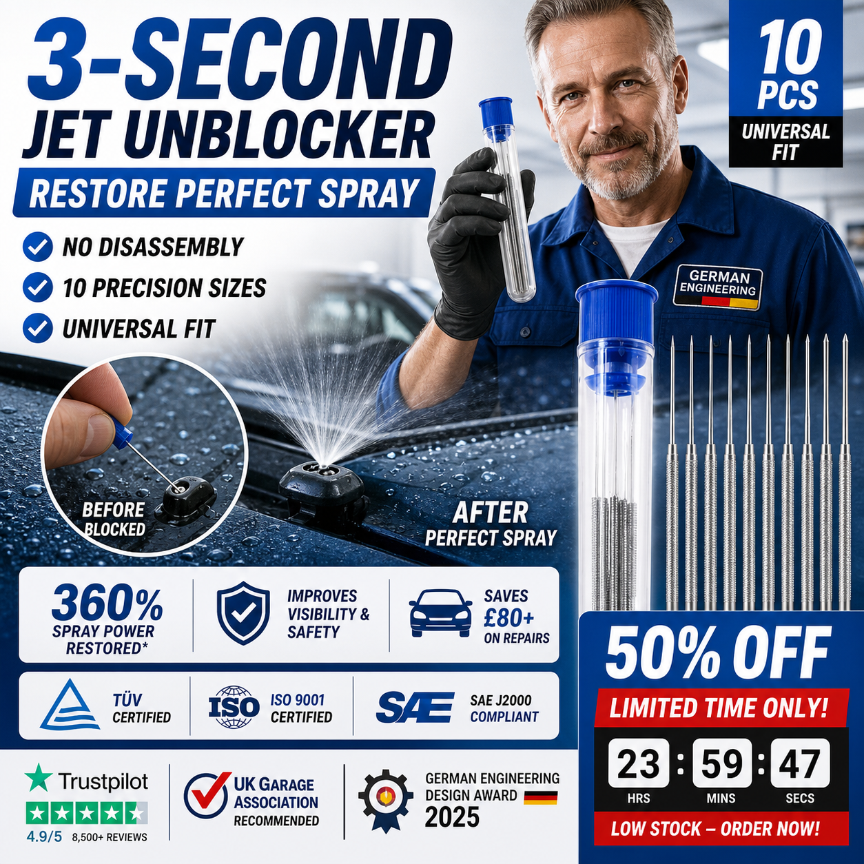 10pc Windscreen Washer Jet Unblocker Set | Universal Nozzle Cleaning Needles