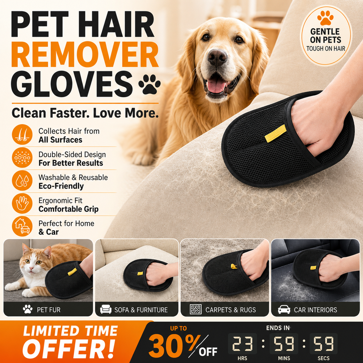 🥳2026 HOT SALE🥳💞50K+ SOLD! 🐾🧤 Pet Hair Remover Gloves – double-sided silicone bristles grab fur from sofas, clothes & carpets in seconds. Massages your pet while collecting loose hair – no more sticky rollers! 🧹✨