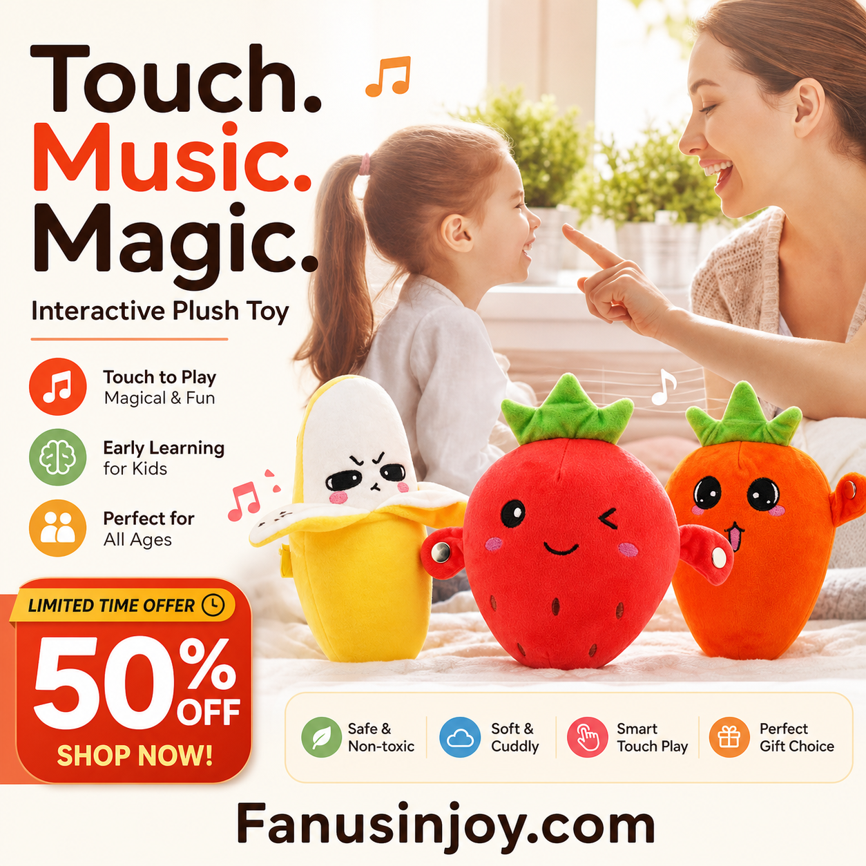 🥳2026 HOT SALE🥳💞50K+ SOLD!🍌🎵 50% OFF! Fruit Sensor Beat Interactive Doll – Tap & play – fun music & rhythms! Smart sensor responds to touch – builds musical perception in a playful way. A joyful gift for little ones! 🧸✨