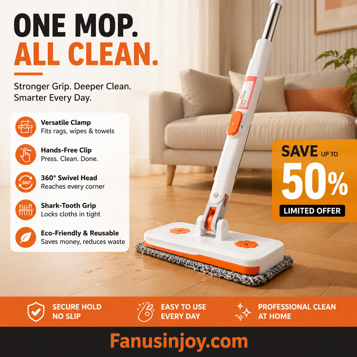 🥳2026 HOT SALE🥳💞50K+ SOLD! 🧹✨ 50% OFF! Multi-Functional Hands-Free Clip Flat Mop – One-key press opens clamps – no touching dirty cloths! Shark-tooth grip holds any wipe or towel firmly. Hygienic & hassle-free! 🧤💪